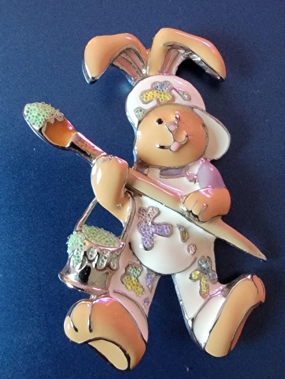 Vintage signed SFJ Steinmetz Silver Tone Enamel Painter Bunny Rabbit Brooch